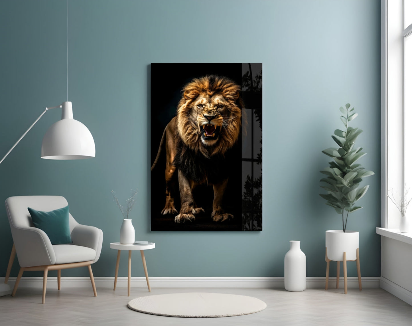 Lion roaring against black background displayed as framed glass wall art in modern turquoise room with white furniture.