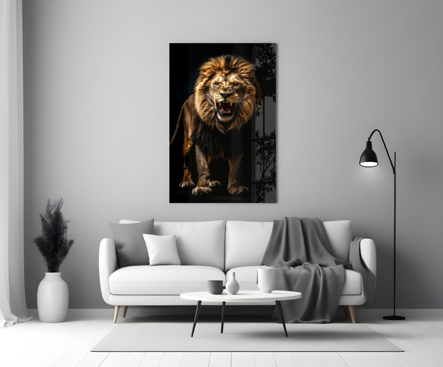 Lion in the Dark Glass Wall Art displayed above a white sofa in a minimalist living room interior.