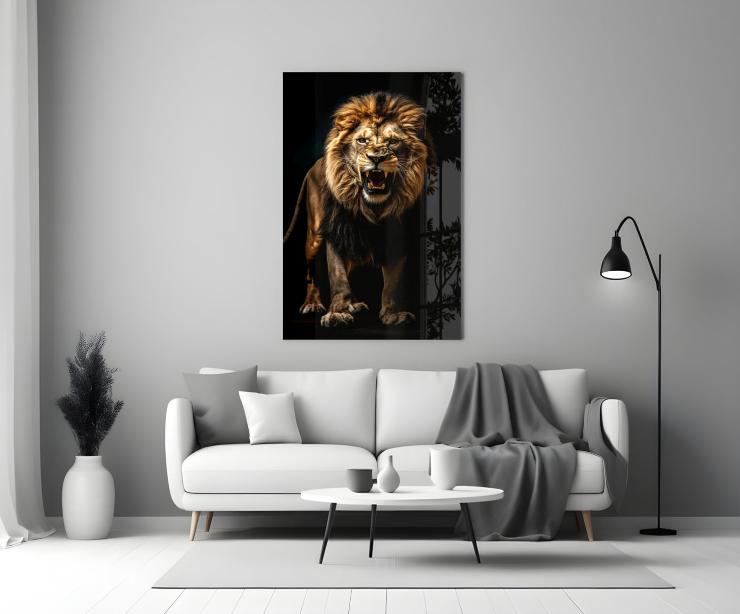 Lion in the Dark Glass Wall Art displayed above a white sofa in a minimalist living room interior.