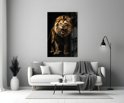 Lion in the Dark Glass Wall Art displayed above a white sofa in a minimalist living room interior.
