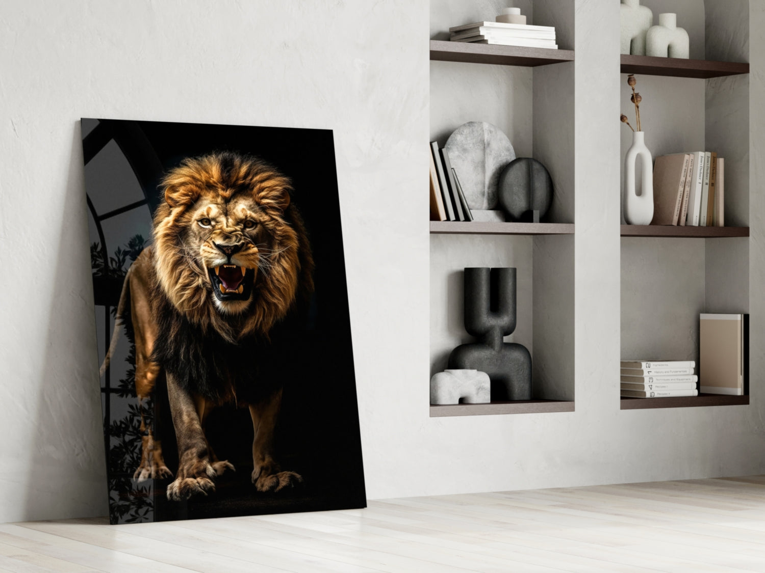 Roaring lion portrait with golden mane on black background leaning against white wall beside shelving unit.