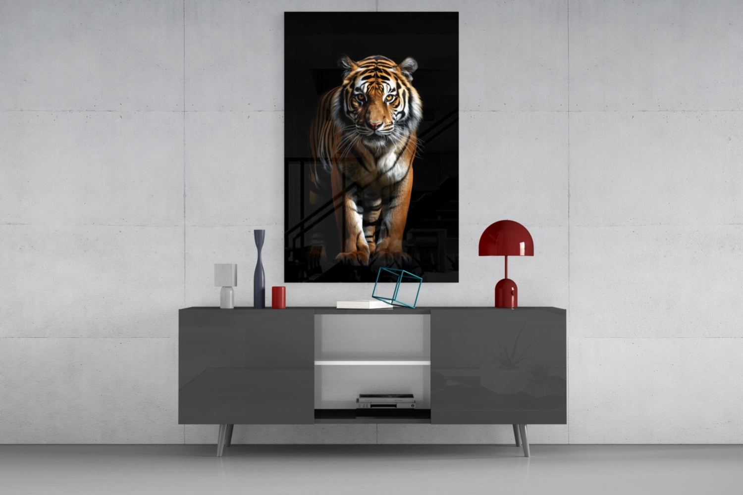 Tiger portrait canvas displayed above gray media console with red lamp and decorative accessories in modern living room setting.
