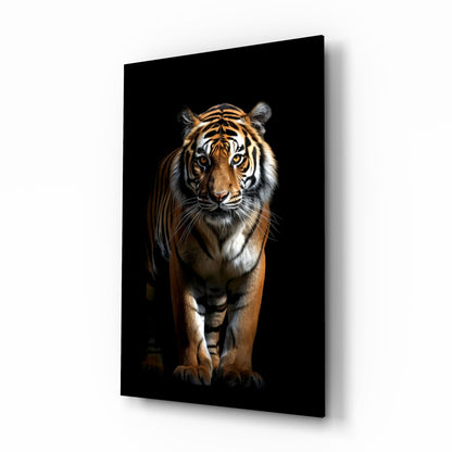 Tiger portrait on black background displayed as angled glass wall art with shadow effect visible.