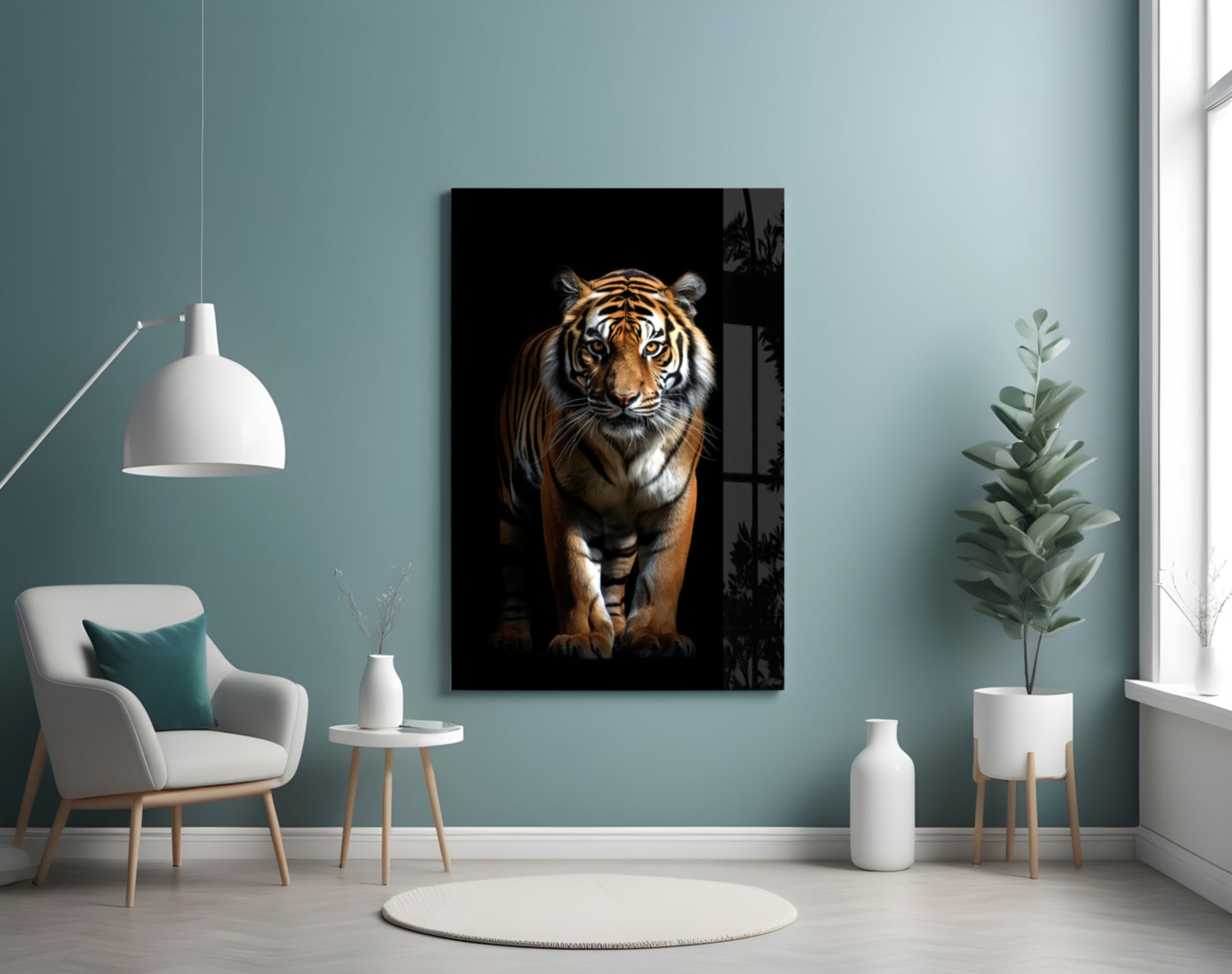 Tiger glass wall art mounted on teal wall above white chair in minimalist interior setting.