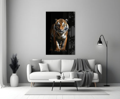 Tiger glass wall art hanging above a white sofa in a minimalist living room setting.