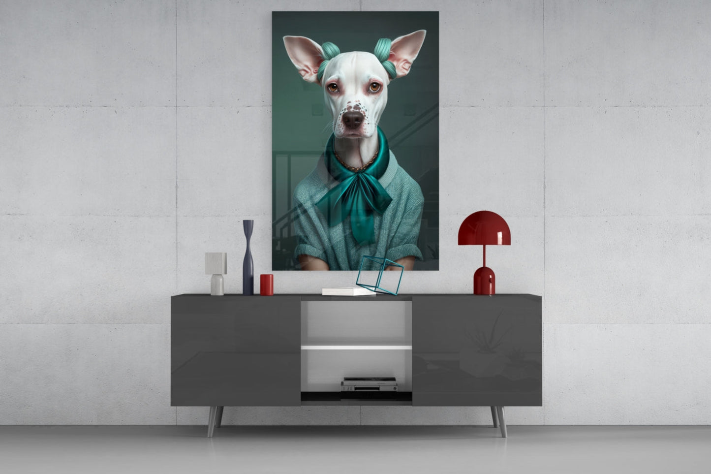 White Dog in Teal Bow Hair Rollers Glass Wall Art