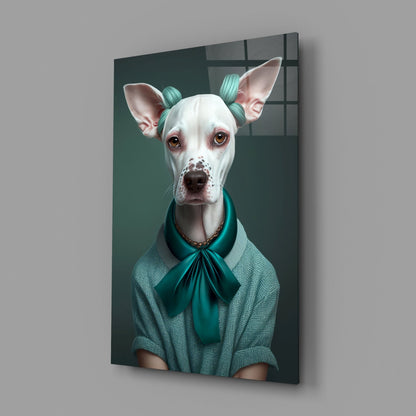 White Dog in Teal Bow Hair Rollers Glass Wall Art