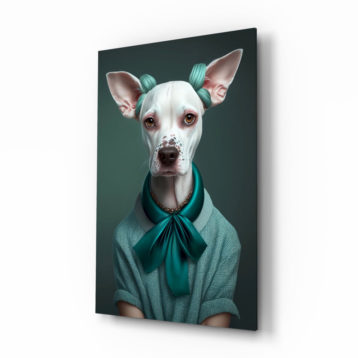 White Dog in Teal Bow Hair Rollers Glass Wall Art
