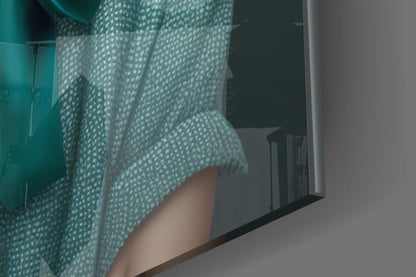 White Dog in Teal Bow Hair Rollers Glass Wall Art