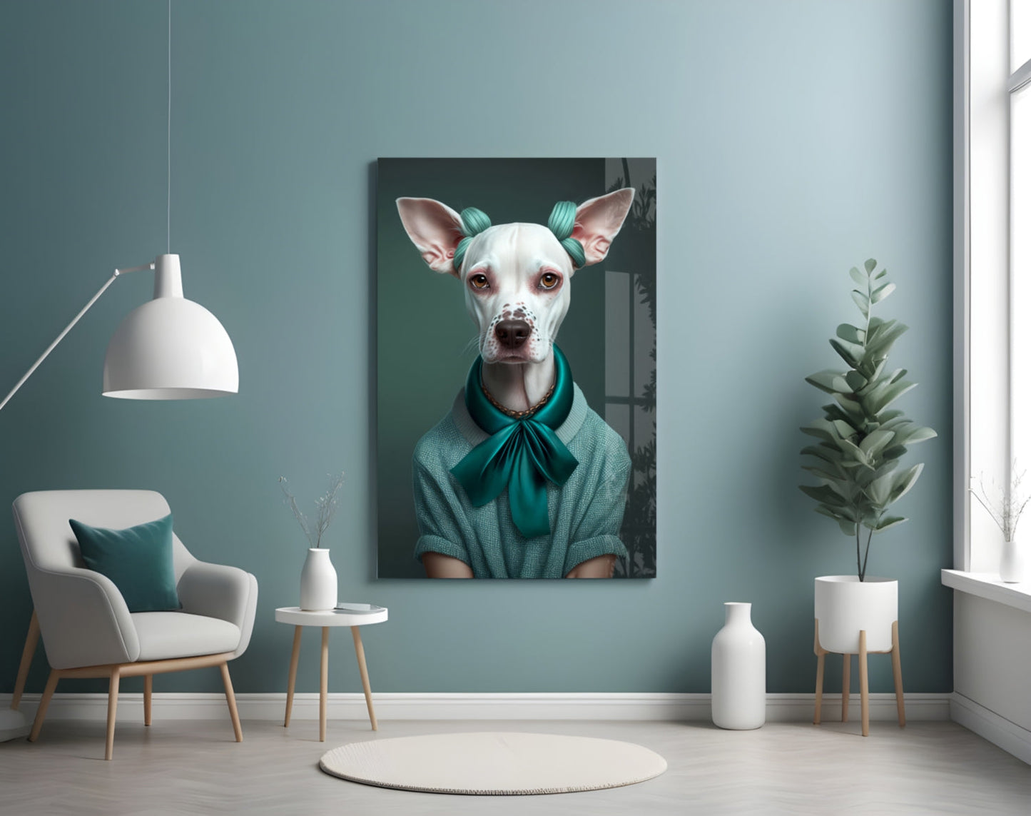White Dog in Teal Bow Hair Rollers Glass Wall Art