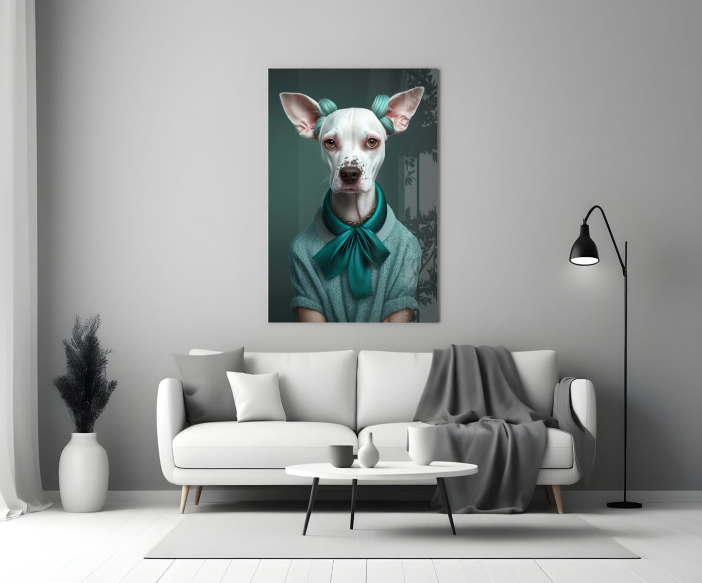 White Dog in Teal Bow Hair Rollers Glass Wall Art