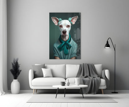 White Dog in Teal Bow Hair Rollers Glass Wall Art