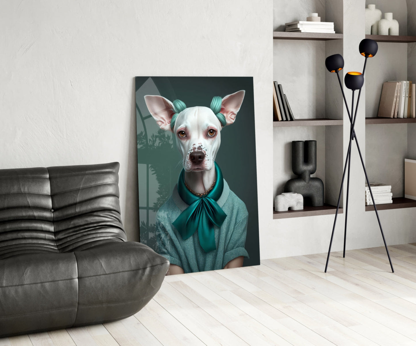 White Dog in Teal Bow Hair Rollers Glass Wall Art