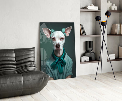 White Dog in Teal Bow Hair Rollers Glass Wall Art