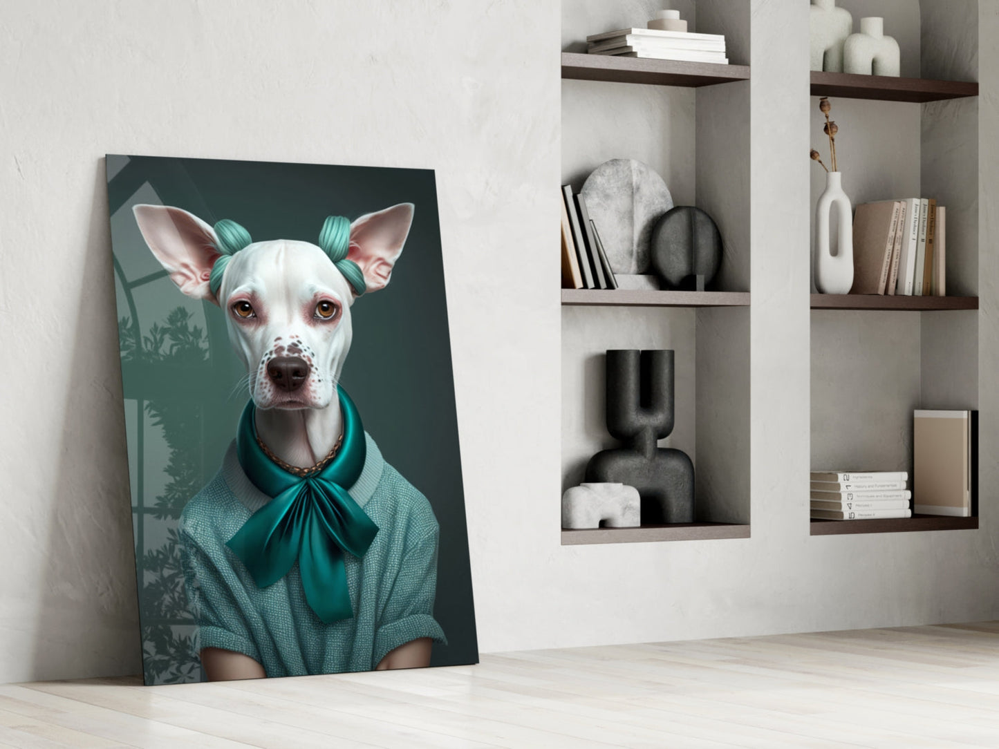 White Dog in Teal Bow Hair Rollers Glass Wall Art