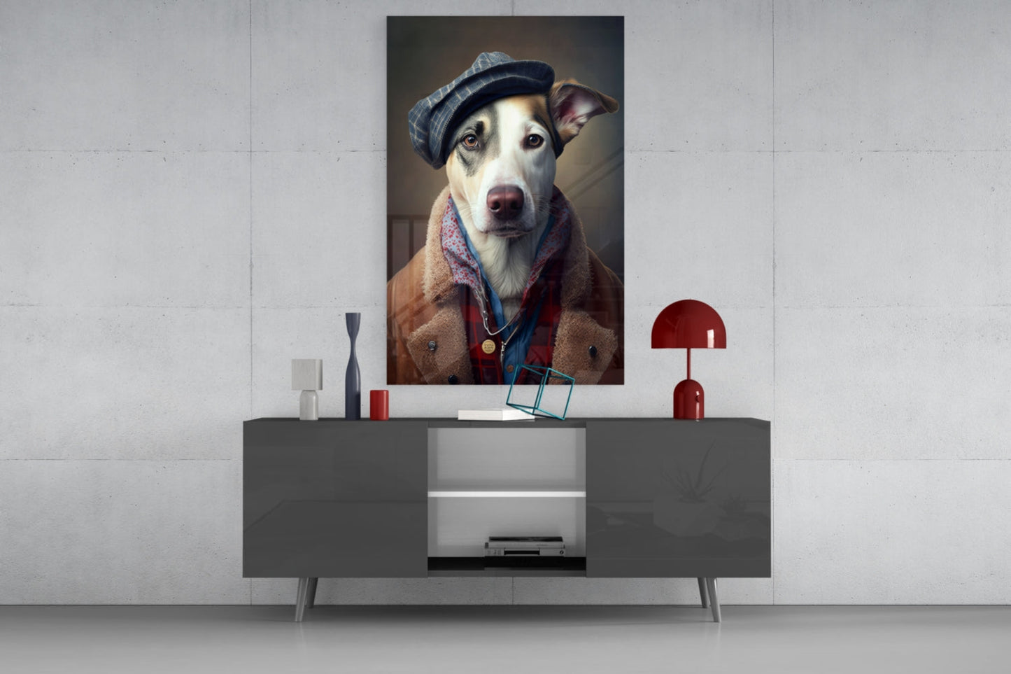 Dog in Flat Cap and Shearling Coat Glass Wall Art