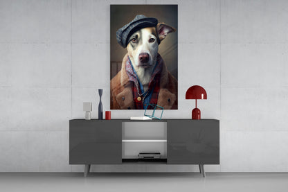 Dog in Flat Cap and Shearling Coat Glass Wall Art