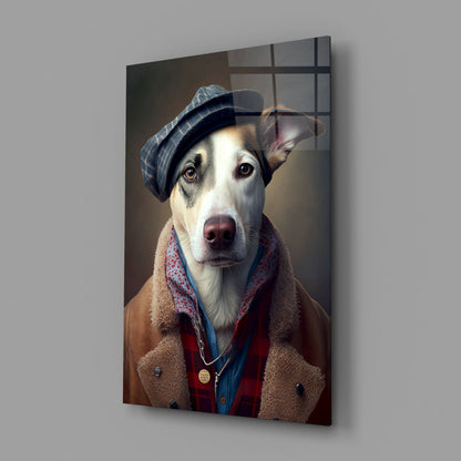 Dog in Flat Cap and Shearling Coat Glass Wall Art