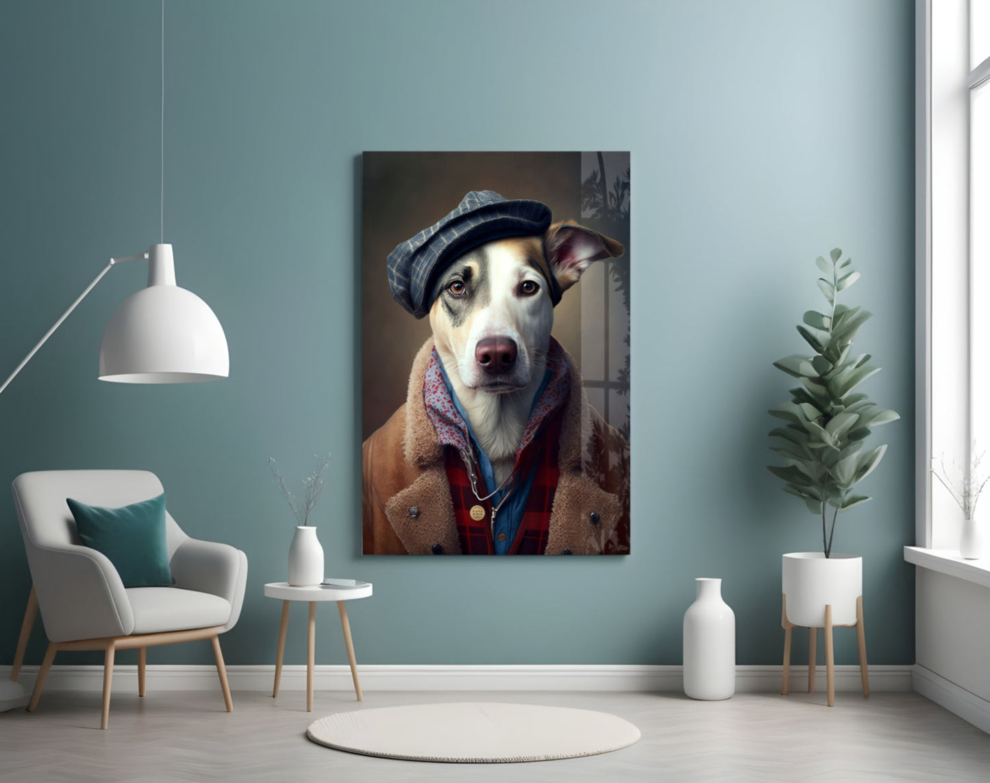 Dog in Flat Cap and Shearling Coat Glass Wall Art