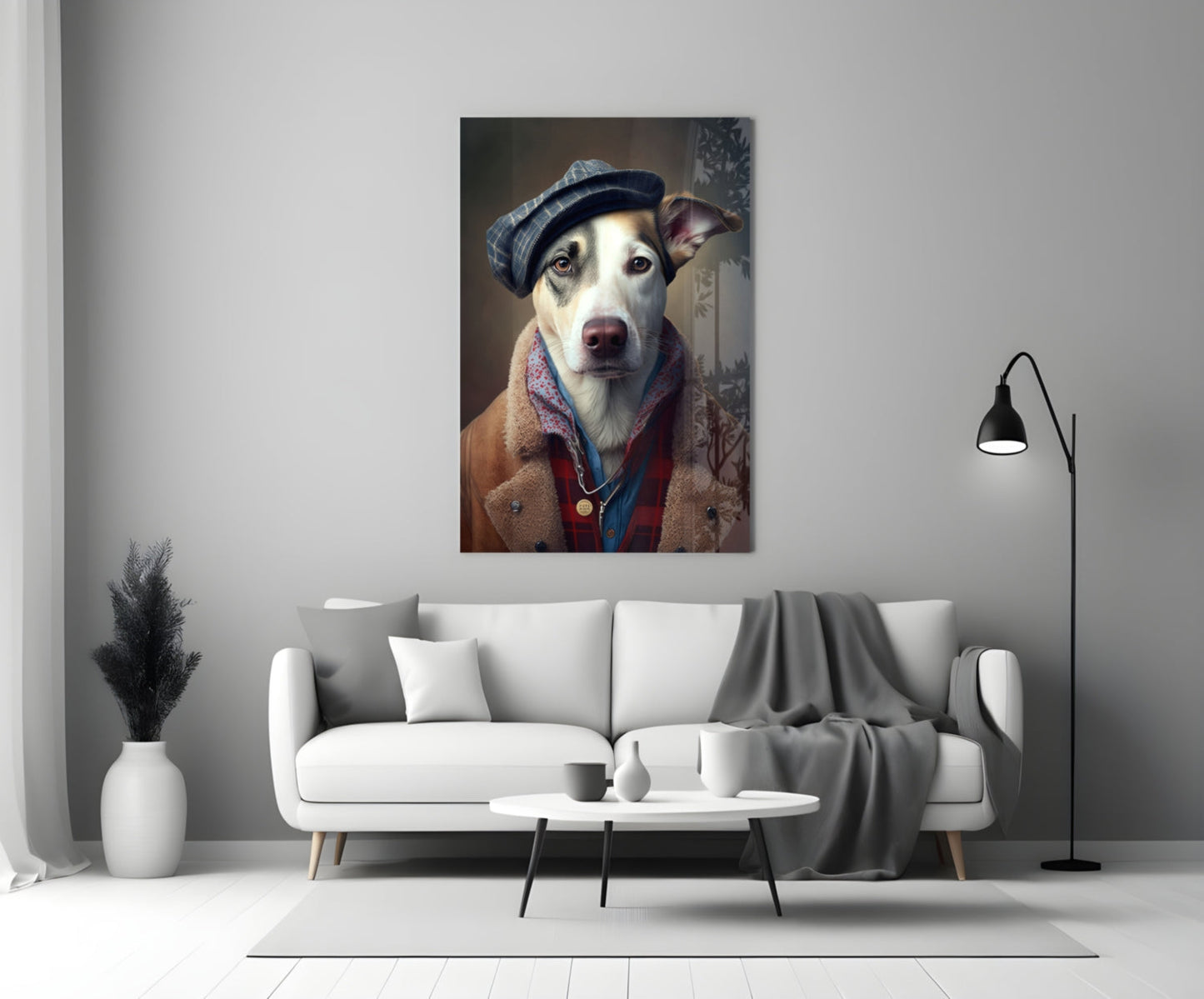 Dog in Flat Cap and Shearling Coat Glass Wall Art