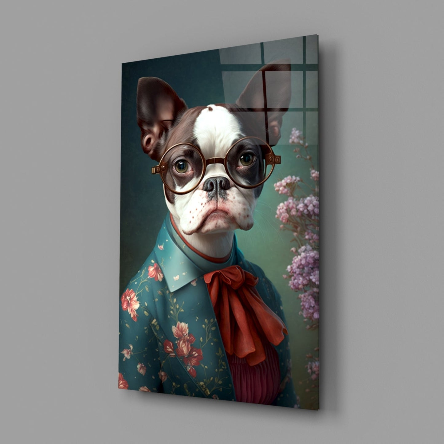 Bulldog in Round Glasses Floral Shirt Glass Wall Art