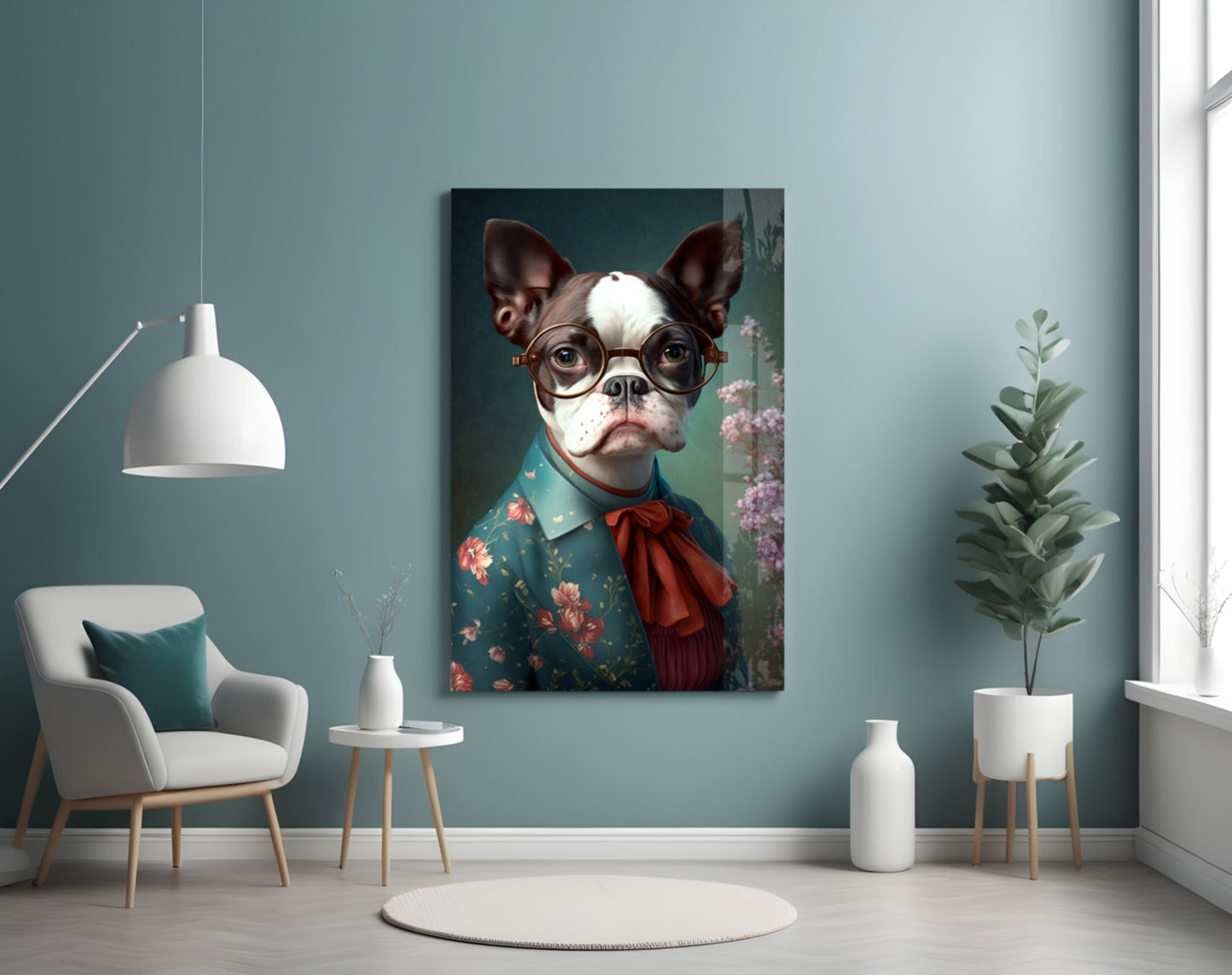 Bulldog in Round Glasses Floral Shirt Glass Wall Art