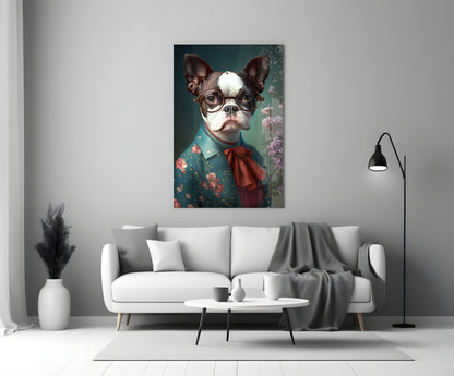 Bulldog in Round Glasses Floral Shirt Glass Wall Art