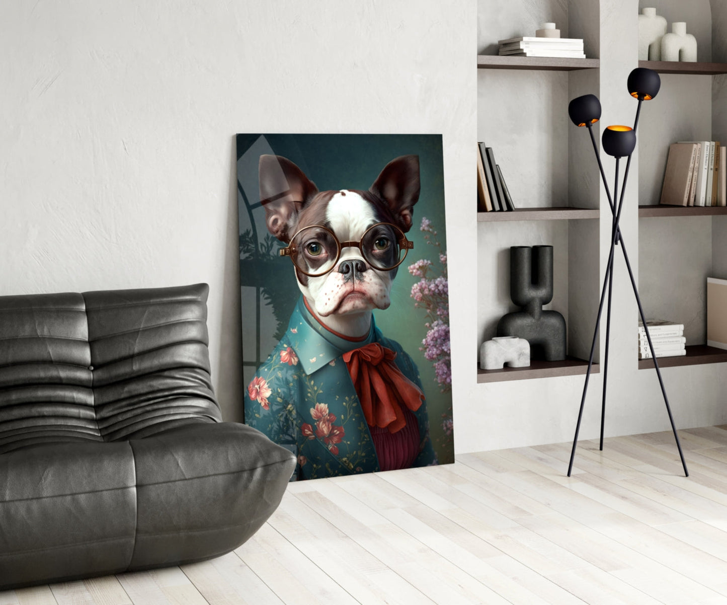 Bulldog in Round Glasses Floral Shirt Glass Wall Art