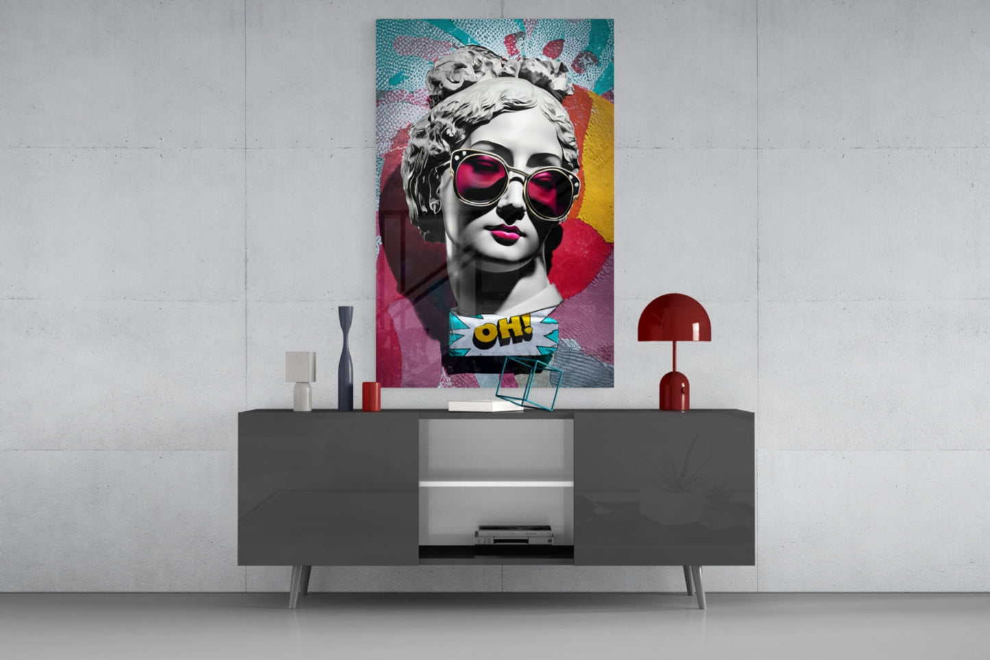 Teal Collage Grey Statue Head Glass Wall Art