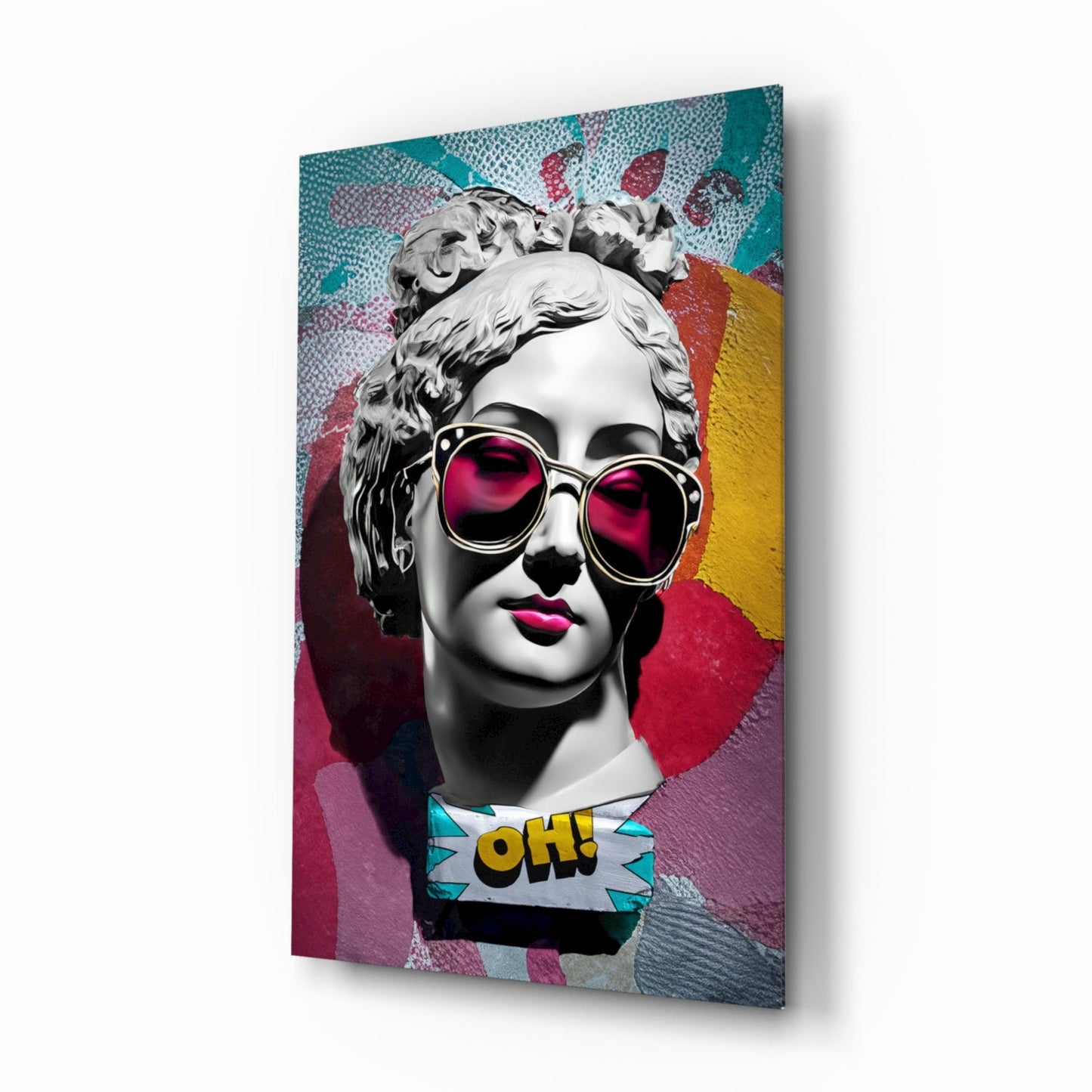 Teal Collage Grey Statue Head Glass Wall Art