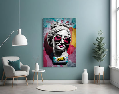Teal Collage Grey Statue Head Glass Wall Art