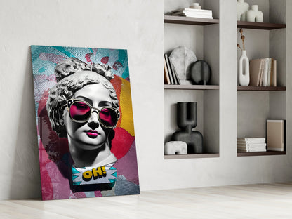 Teal Collage Grey Statue Head Glass Wall Art