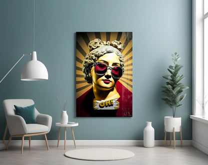 Golden Statue Head Sunburst Rays Glass Wall Art