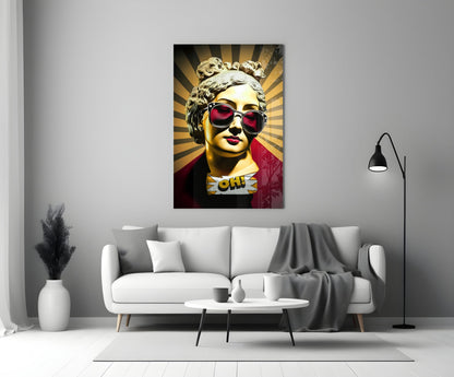 Golden Statue Head Sunburst Rays Glass Wall Art