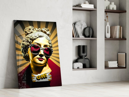 Golden Statue Head Sunburst Rays Glass Wall Art