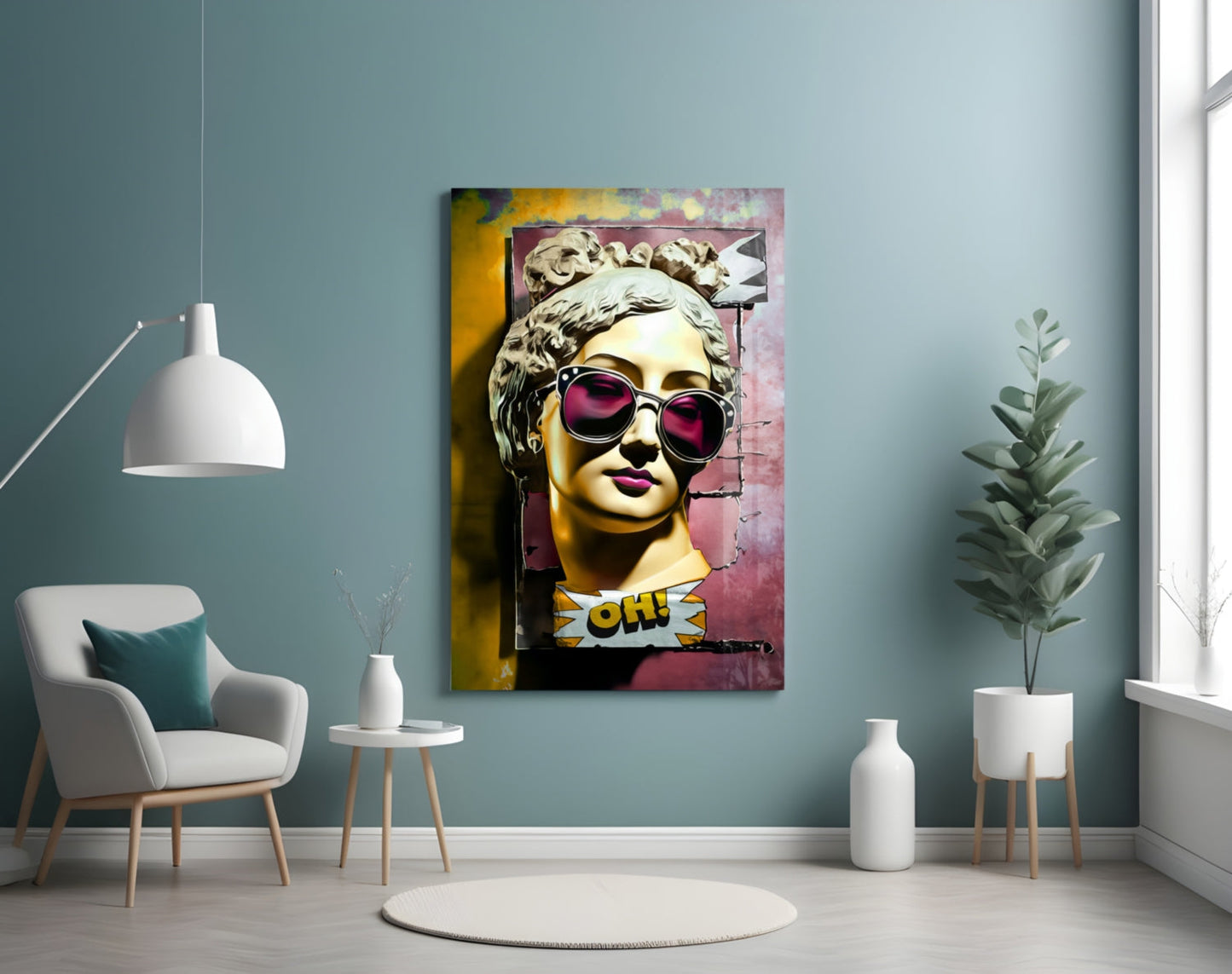 Gold Face Statue Pink Torn Poster Glass Wall Art