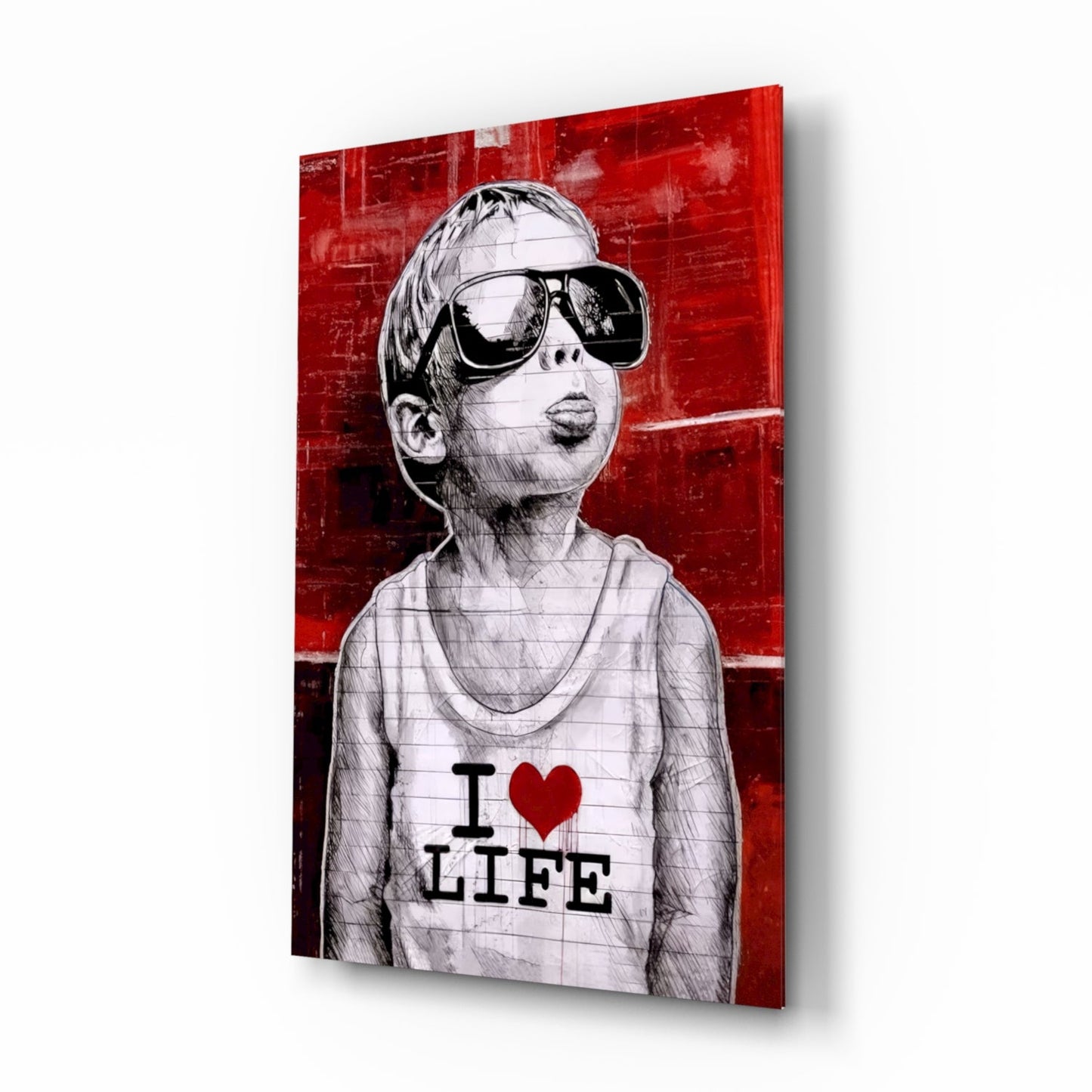 Red Wall Sunglasses Boy Glass Wall Art