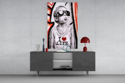 Red Graffiti Sunglasses Boy Glass Wall Art