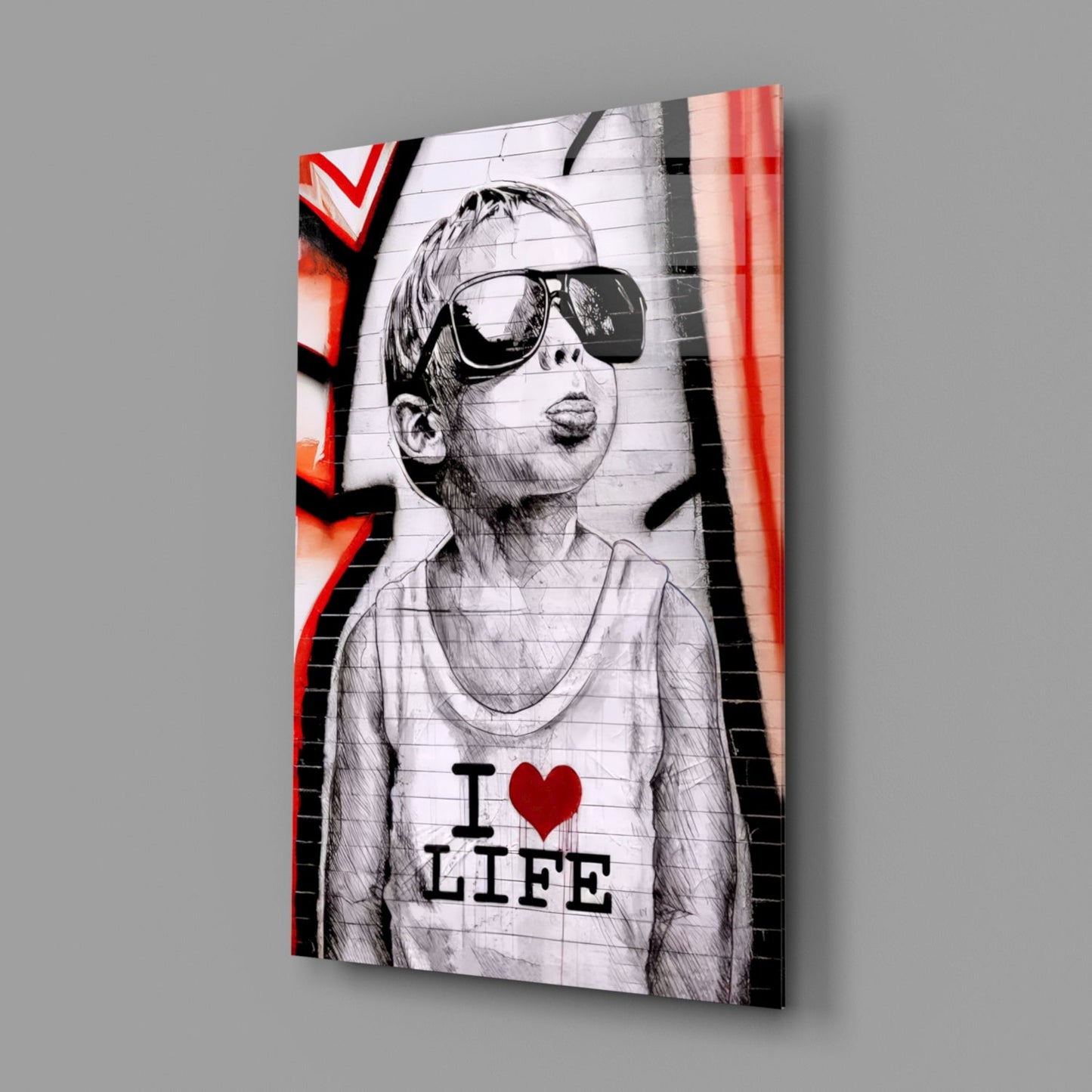 Red Graffiti Sunglasses Boy Glass Wall Art
