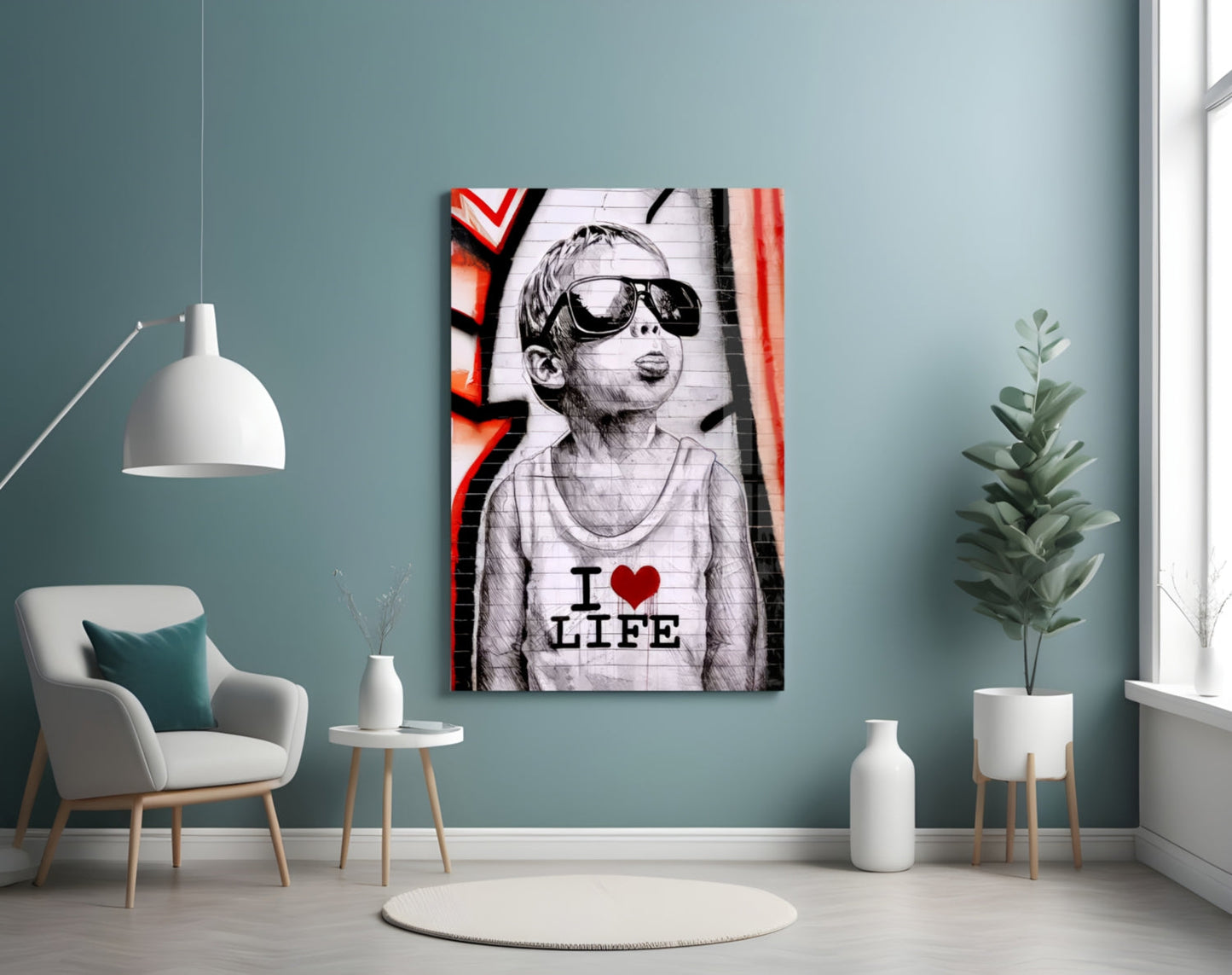 Red Graffiti Sunglasses Boy Glass Wall Art