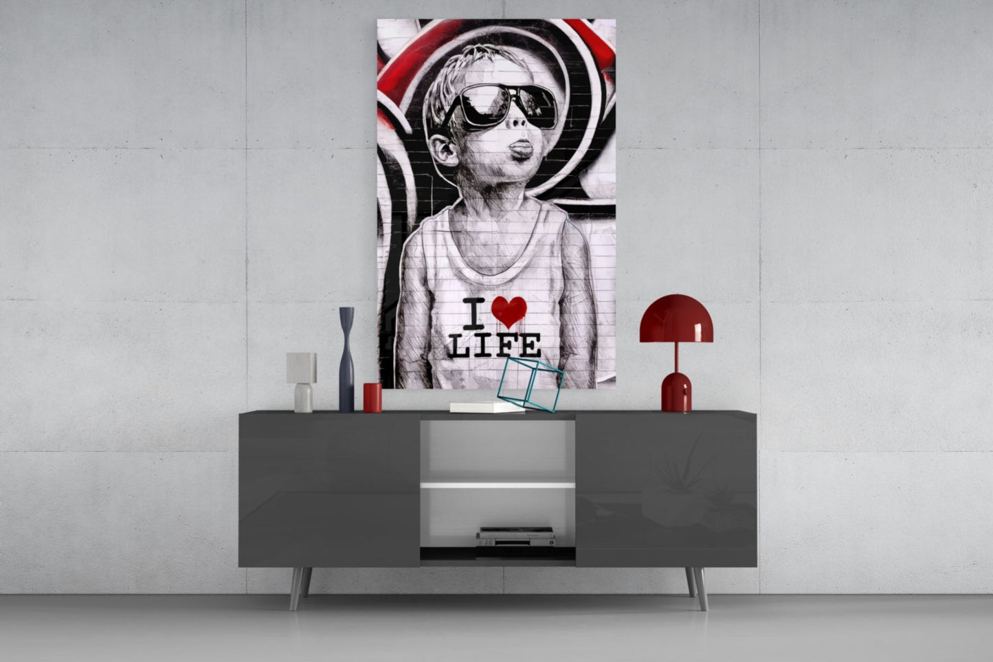 Red Swirl Sunglasses Boy Glass Wall Art