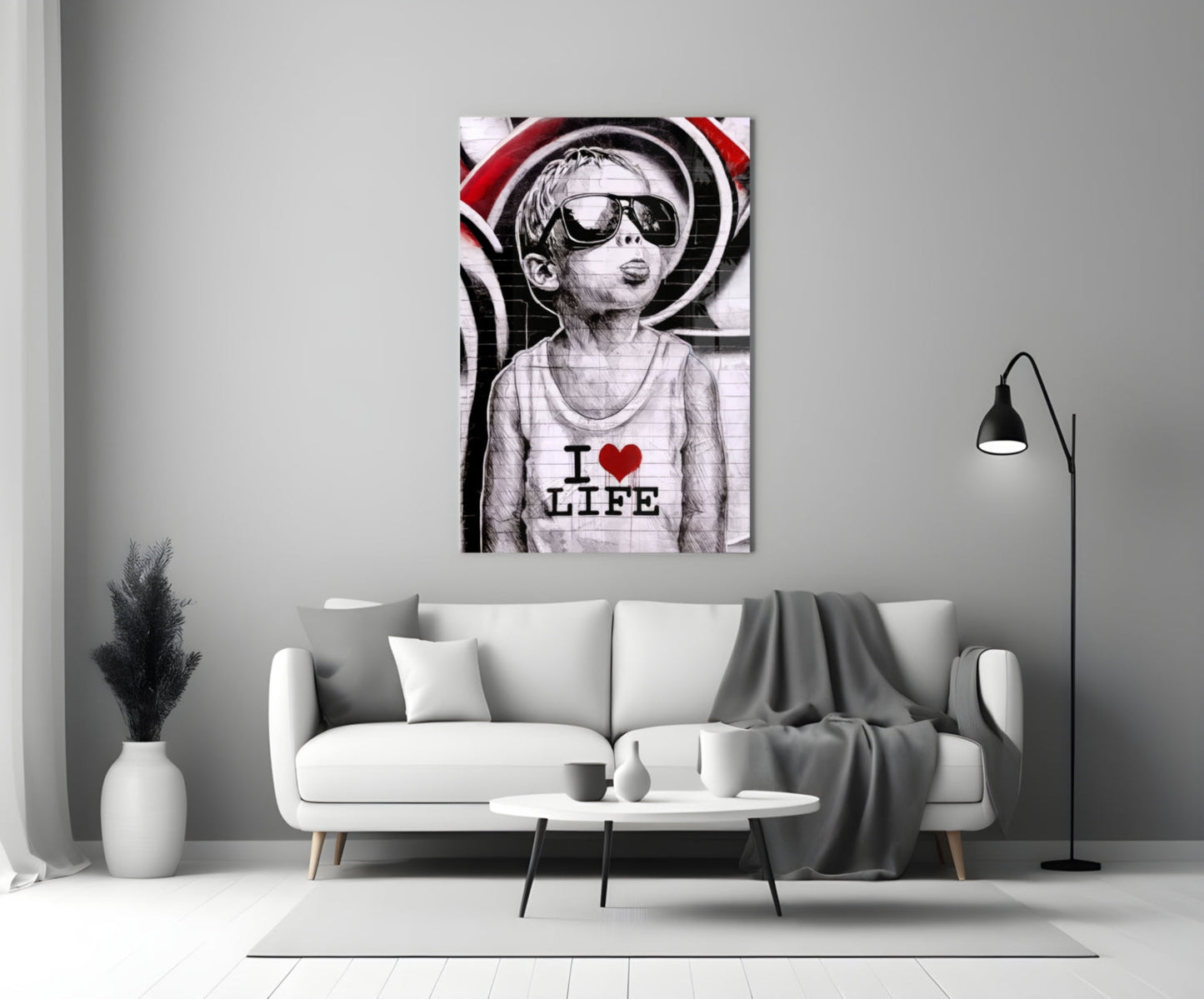 Red Swirl Sunglasses Boy Glass Wall Art
