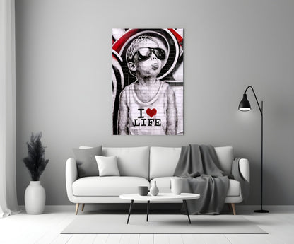 Red Swirl Sunglasses Boy Glass Wall Art