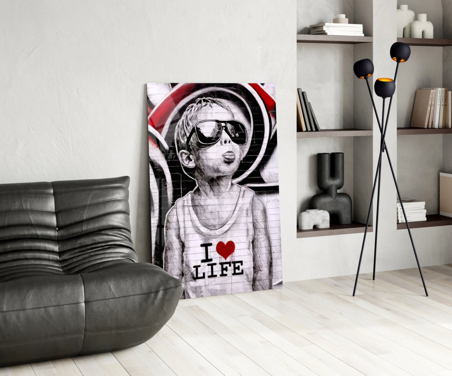 Red Swirl Sunglasses Boy Glass Wall Art