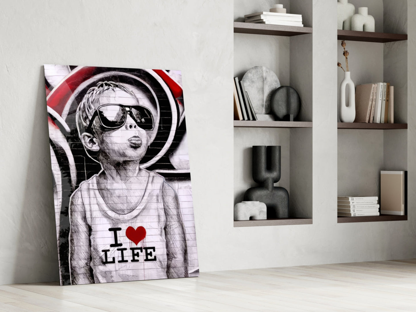 Red Swirl Sunglasses Boy Glass Wall Art