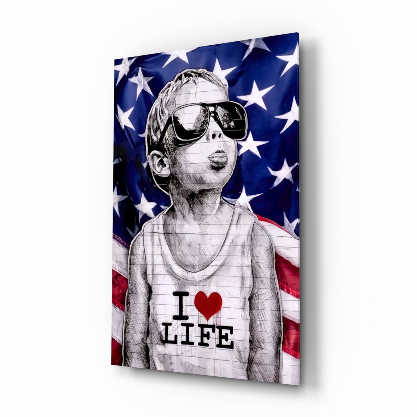 American Flag Sunglasses Boy Glass Wall Art