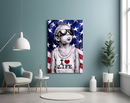 American Flag Sunglasses Boy Glass Wall Art