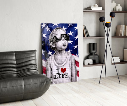 American Flag Sunglasses Boy Glass Wall Art