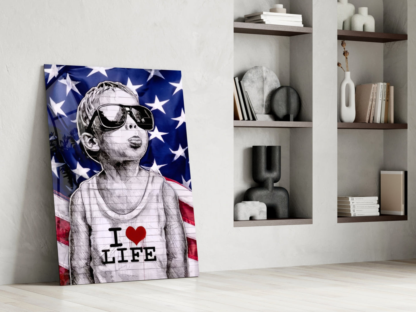 American Flag Sunglasses Boy Glass Wall Art