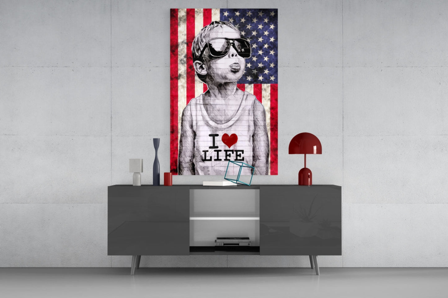 Rustic USA Flag Sunglasses Boy Glass Wall Art